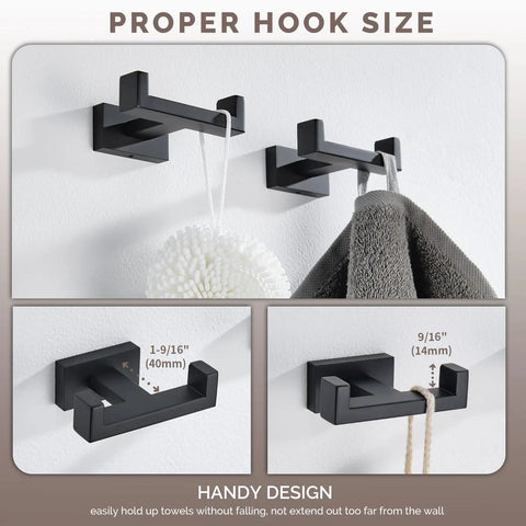 Matte Black Stainless Steel Double Towel Hooks For Wall Mount, SUS304 Robe Coat Hangers displaying size and design details