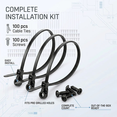 100 Pack Eight Inch Black Zip Ties With Screw Hole And M4 Screws, Beefy 75 Lbs Heavy Duty Mountable Head Cable Ties, Nylon Wire Organizer