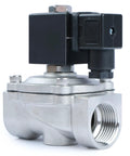 Side view of Beefy 1 Inch Stainless Steel Solenoid Valve 12V DC Normally Closed Electric Valve for Water Air Diesel Systems, 145 PSI, NPT Thread.