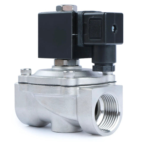 Side view of Beefy 1 Inch Stainless Steel Solenoid Valve 12V DC Normally Closed Electric Valve for Water Air Diesel Systems, 145 PSI, NPT Thread.