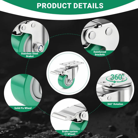 Heavy Duty 3 Inch Stainless Steel Caster Wheels Set Of Four 304 Metal Casters Rust Proof Anti Corrosion Swivel Brakes detailed components image