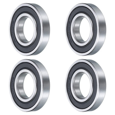 Four Pack Deep Groove Ball Bearings 20mm Bore 42mm Outer Diameter 8mm Width High Carbon Chrome Steel Double Rubber Sealed ABEC1 Built Tough for Hobby Machinery and DIY Projects. Set of four bearings front view.