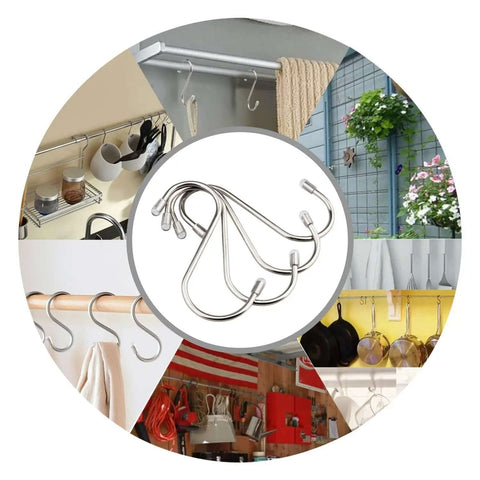 20 Pack 3.4 Inch Stainless Steel S Shaped Hooks Heavy Duty Hangers for kitchen, garden, and workshop shown in multiple uses