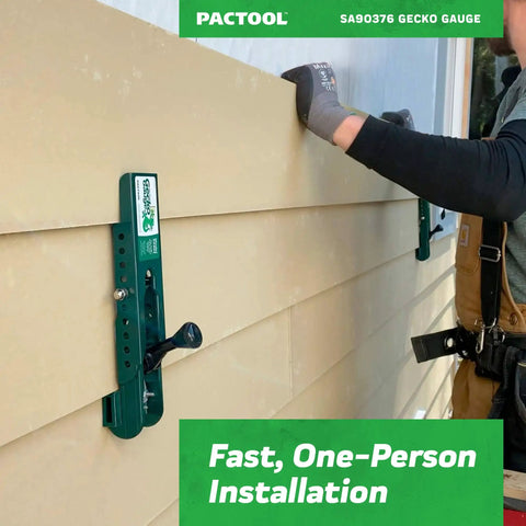 Gecko Gauge Clamp For 7/16 Inch Thick Composite Siding 2 Pack Exterior Mounting Siding Tool Ideal For One Person Installation Gauges And Supports The Next Course For Nailing Faster And More Accurate in use by person holding siding in place.