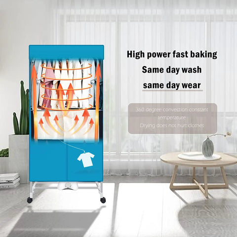 Infographic showing Portable Clothes Dryer 110V 1000W Electric Dryer With Double Layer Stackable Stainless Steel Design in use