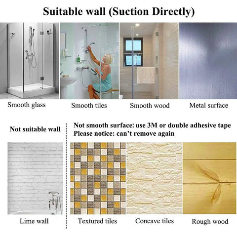 Guide showing suitable and unsuitable surfaces for No Drilling Suction Cup Towel Bar 16 Inches Heavy Duty Wall Mount Towel Holder