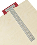 Heavy Duty Scriber T Square Ruler With Support Lips And Built In Scribe Notches Crafted From Rock Solid 301 Stainless Steel Plus Sturdy Aluminum Handle To Nail Every Carpenter Layout Job And Architectural Plan 12 Inch on wooden surface.