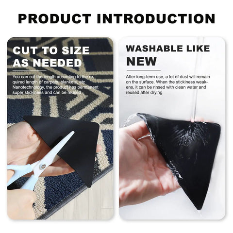 Four Pack Rug Grippers For Hardwood Floors That Keep Rugs Staying Put, Non Slip Pads being cut and washed to demonstrate use.