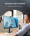 Man using 24 Inch IPS Webcam Monitor With 1080P Picture Built In Microphone And 5MP Privacy Camera Windows Hello Facial Recognition 120Hz Refresh Crystal Clear Video Calls Front Speakers USB C HDMI DisplayPort Ideal For Remote Work And Conferencing in office environment