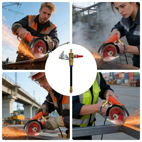 Dust Busting Water Spray Attachment For Angle Grinder 7 Inch Wet Spray Tool in use on metal and stone materials