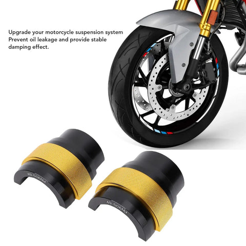 Pro Grade CNC Aluminum Fork Seal Driver Tool for 49mm and 50mm Motorcycle Forks Universal Kit shown with motorcycle wheel