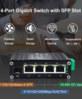 Beefed-Up Industrial Grade 4 Port Gigabit Ethernet Switch with SFP Slot DIN-Rail Mount Auto Sensing 10 100 1000 Mbps