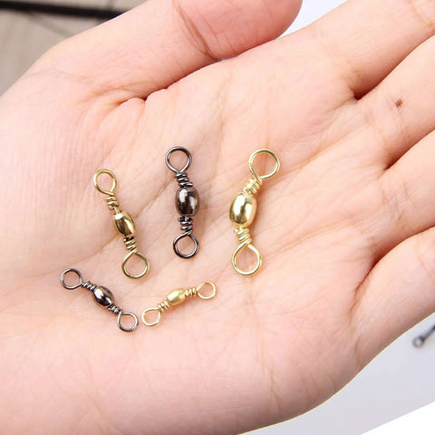 Heavy Duty 300 Piece Box Fishing Barrel Swivels With Solid Ring Copper And Stainless Steel Construction Extra Strong Solid Fishing Connectors Anti Rust Quick Connect Tackle Kit Sizes 2 4 6 8 10, assorted swivels in hand
