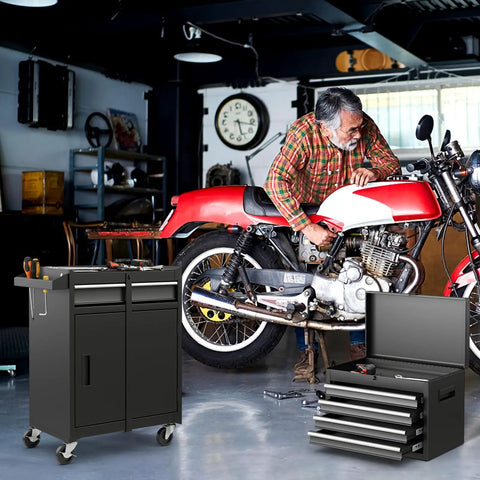 Two In One Tool Chest With Five Drawers Rolling Cabinet And Detachable Top Toolbox For Garage Workshop Universal Lockable Wheels And Lock Bar Protective Liner And Tool Rack Tough As Nails Metal Storage Cart in a workshop setting