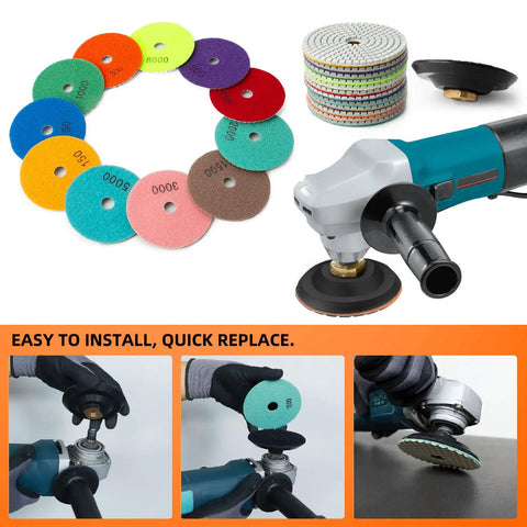 13 Pack 4 Inch Diamond Polishing Pads With Five Eighths Inch 11 Backer Pad Wet Dry Kit For Drill Grinder Polisher Grit 50 To 8000
