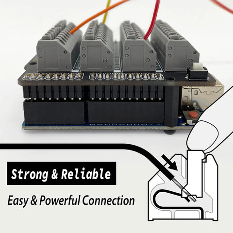 Arduino Uno R3 Compatible Terminal Block Shield Kit with Push In Spring Connectors and wiring illustration