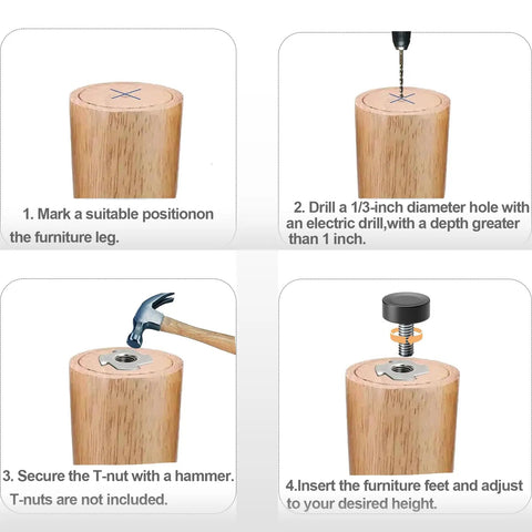 Installation steps for Adjustable One Quarter Inch Threaded Furniture Feet Pack Of 12 Screw In Leveling Feet