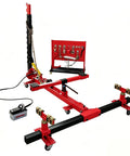 Auto Body Frame Straightener with 3 Ton Air Jack, red structure with chains and control panel for collision repair and dent removal.
