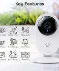 Glimpse Indoor Security Cam, 1080p HD Video, Two Way Audio, with key features displayed around camera