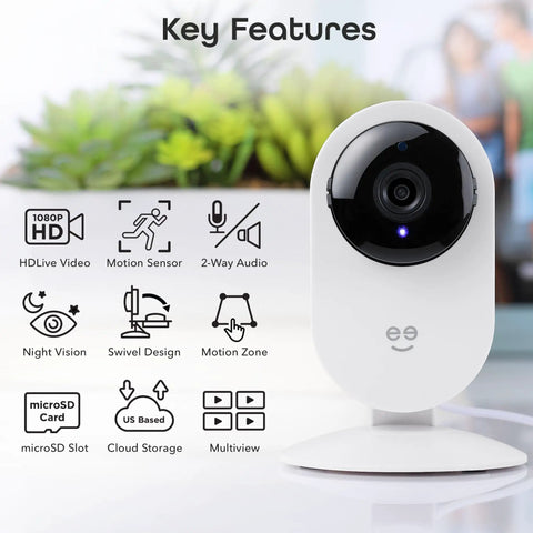 Glimpse Indoor Security Cam, 1080p HD Video, Two Way Audio, with key features displayed around camera