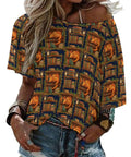 Woman wearing soft and comfy womens boat neck short sleeve tee with lightweight breathable fabric and stretchy 95 polyester 5 spandex blend dragon bookshelf graphic for everyday comfort and easy style