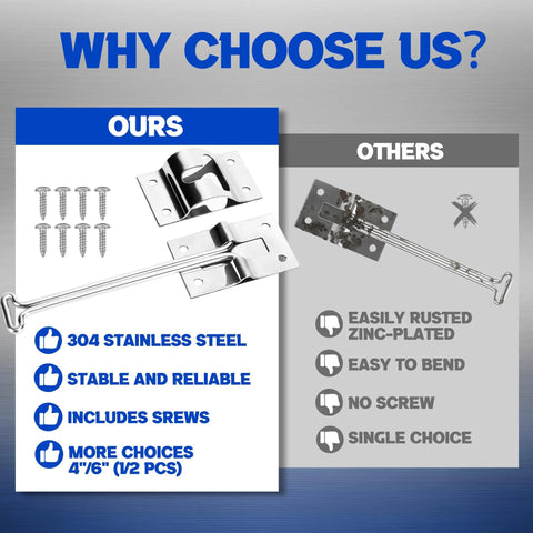 Heavy Duty 304 Stainless Steel RV Door Latch And Holder For Trailers Campers Trucks And Shop Doors, with screws and comparison.
