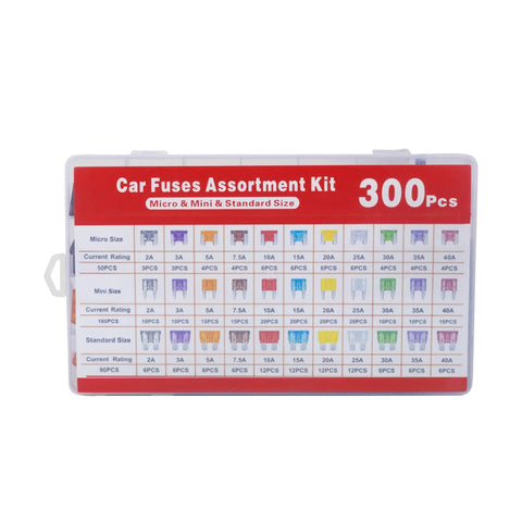 Top Shelf Car Fuse Assortment Kit Featuring Three Hundred Pieces Of Mini Standard And Micro Blades With Amp Ratings Between Two And Forty Including Sturdy Puller For Any Rig Truck Or Boat Gonna Keep You Running Smooth - Organized plastic case showing fuse ratings.