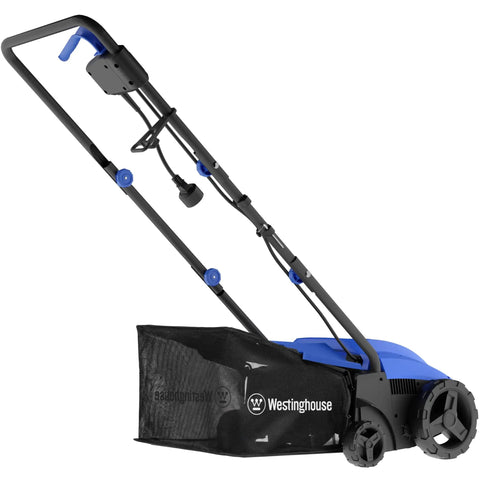 Side view of Powerful 13 Inch 12 Amp Two In One Electric Dethatcher And Scarifier with collection bag for lawn aeration