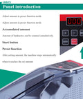 Close-up of Portable Money Counter Machine Mini Bill Counter showing panel functions and digital display.