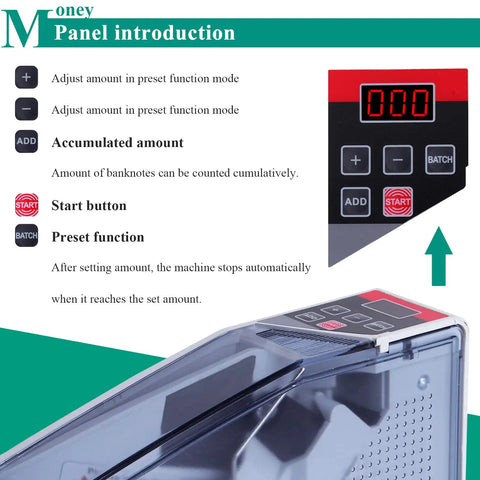 Close-up of Portable Money Counter Machine Mini Bill Counter showing panel functions and digital display.
