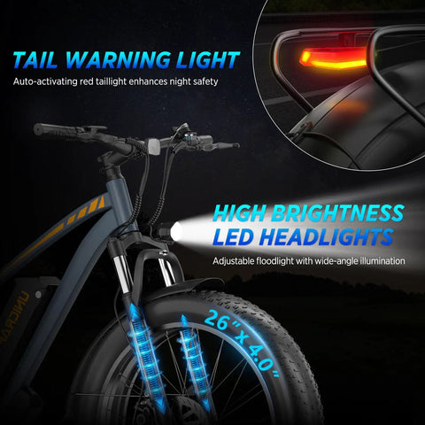 All-Terrain Fat Tire Electric Bike For Adults With 1500W Peak Power, featuring LED headlights, taillight, and 26-inch tires
