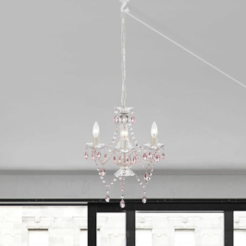 Plug In Mini Crystal Chandelier For Girls Room White And Pink With Sparkling Crystal Drops 3 Light Hanging Lamp For Bedroom