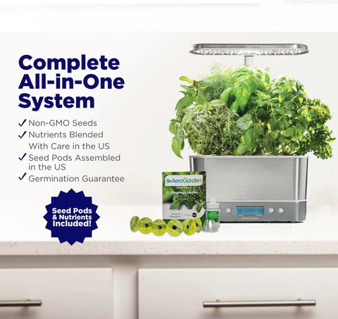 Harvest Elite Indoor Garden Hydroponic System With LED Grow Light And Seed Kit Stainless Steel Countertop Garden displayed