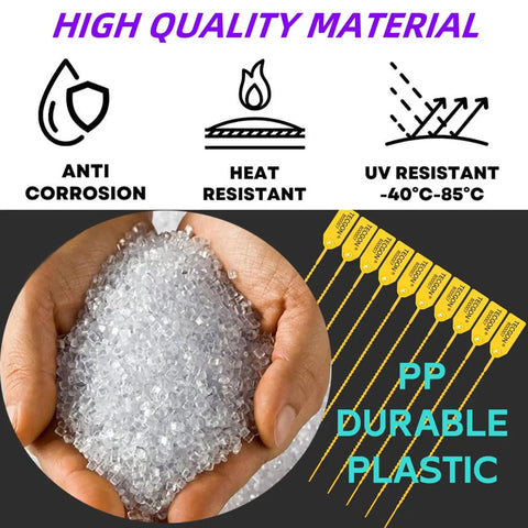 1000 Pack Plastic Tamper Seals For Fire Extinguishers And Safety Tags Security Seals With Numbered Zip Ties Disposable Self Locking Signage Must Have For Bags Cables Hospitals Banks And More 9.84 Inch Length, showing yellow tamper seals and PP plastic granules