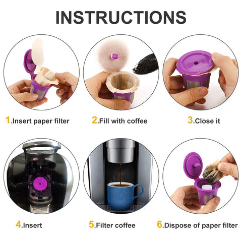 Instructions for using Brew Ready Refillable K Cups For Keurig With 100 Paper Filters And Lids, 2 Pack, diagram showing steps 1-6
