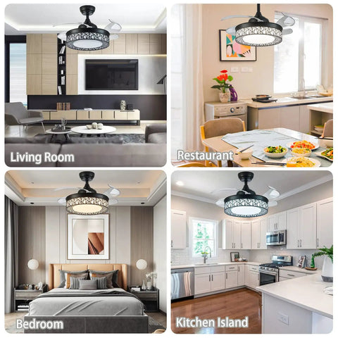 42 Inch Retractable Ceiling Fan With Dimmable Lights And App Remote Control installed in living room and kitchen areas.