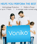 Family holding a blue sign promoting CR2032 3V Lithium Button Cell Batteries 6 Pack No Fuss Power Delivery.