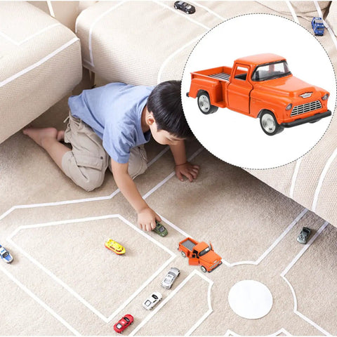 Kid playing with Totally Realistic Small Pickup Truck Model Miniature Figurine For Home Decor And Tabletop Display on carpet
