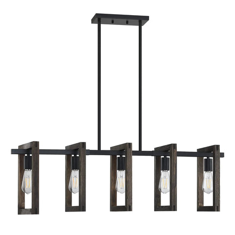 5 Light Rustic Farmhouse Pine Wood Hanging Kitchen Island Chandelier With Black Metal Frame For Entryway, Dining Room, And Bedroom Lighting LED Compatible Lit Ambience