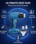 Three Gear Cordless Heat Gun with Rechargeable Battery, blue design, multiple nozzles, locking trigger, for plastic welding and DIY.