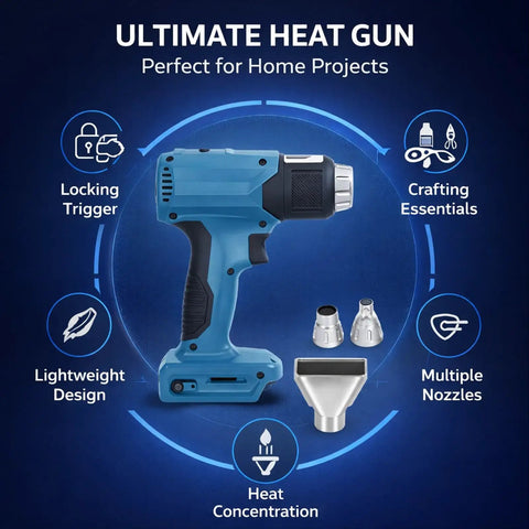 Three Gear Cordless Heat Gun with Rechargeable Battery, blue design, multiple nozzles, locking trigger, for plastic welding and DIY.