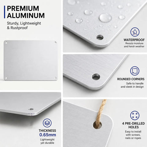 Close-up of 3 Pack 8x10 Inch Aluminum Sign Blanks for Sublimation UV Printing with drilled holes and waterproof surface.