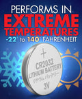 CR2032 Lithium 3V Coin Cell Battery showcasing extreme temperature performance -22° to 140°F, ideal for watches and electronics.
