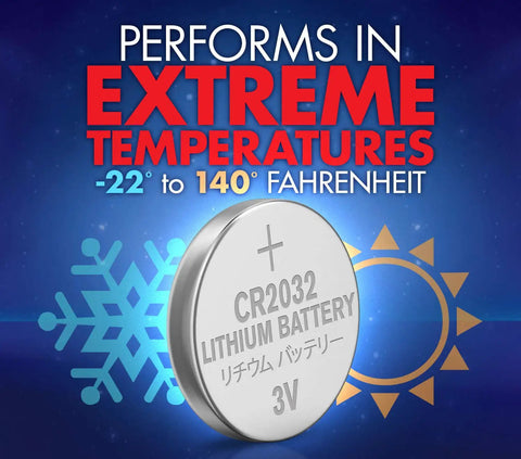 CR2032 Lithium 3V Coin Cell Battery showcasing extreme temperature performance -22° to 140°F, ideal for watches and electronics.