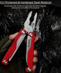 15-In-1 Spring Loaded Multitool Pliers With Thickened Hardened Steel, Red handles, shown open