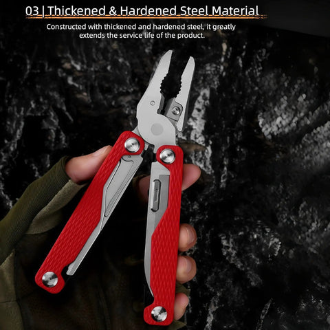 15-In-1 Spring Loaded Multitool Pliers With Thickened Hardened Steel, Red handles, shown open
