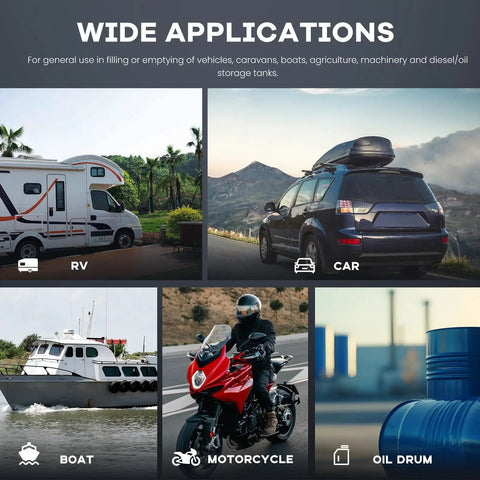 Wide applications for Heavy Duty 110V Electric Fuel Transfer Pump Kit With Self Priming Hose And Reversible Flow on RV, car, boat, motorcycle, and oil drum.