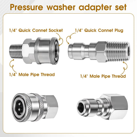 Bruislard 4-piece stainless steel pressure washer adapter set with 1/4 inch quick-connect socket and plug and 1/4 inch male pipe threads (front/side).
