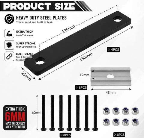 Complete 28 Piece Rooftop Tent Mounting Hardware Kit With Four 6mm Thick Steel Mending Plates Eight Bolts Eight Lock Nuts And Eight Aluminum T Slot Plates Black For Heavy Duty Roof Rack Install Easy Install No Sweat, product size diagram