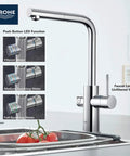Clean Lines Single Handle Pull Out Kitchen Faucet With Laminar Spray Led Knobs For Chilled Sparkling Water Butter Smooth Pour 180 Swivel Spout Real Game Changing Kitchen Upgrade, close-up of LED knob functions.